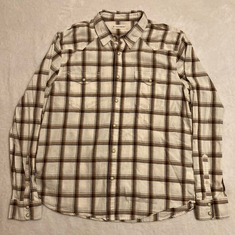 Lucky Brand Men's Brown and Cream Plaid Button Up Flannel Shirt Size Large
